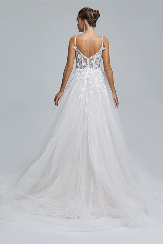 A-Line Spaghetti Strap Sweetheart Tulle Applique Floor-Length Sleeveless Wedding