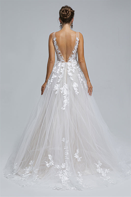 A-Line Sheer Straps V-Neck Tulle Applique Floor-Length Sleeveless Wedding Dress