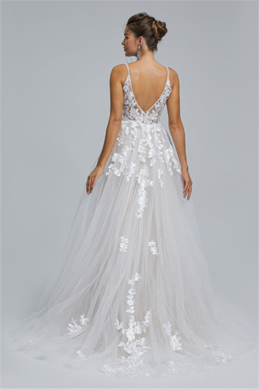 Tulle A-Line Sheer Straps V-Neck Applique Floor-Length Sleeveless Wedding Gown