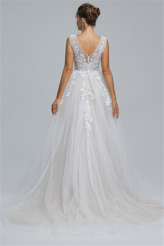 Tulle A-Line Sheer Straps V-Neck Applique Floor-Length Sleeveless Wedding Dress