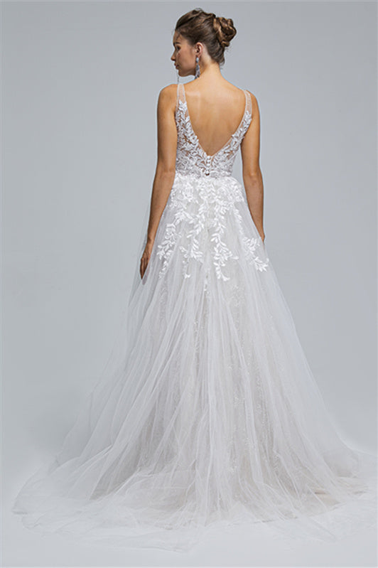 Tulle A-Line Sheer Straps V-Neck Applique Floor-Length Sleeveless Wedding Dress