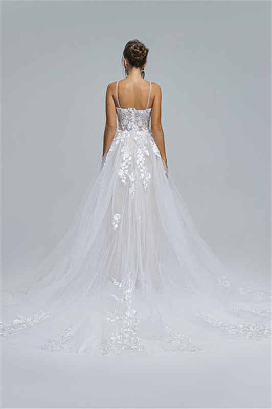 Tulle A-Line Sheer Straps Sweetheart Applique Floor-Length Sleeveless Wedding