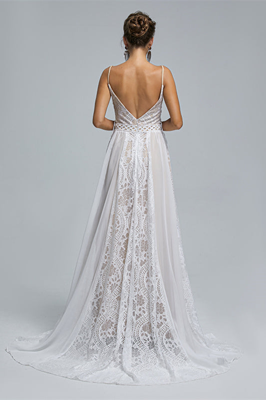 Chiffon A-Line V-Neck Applique Floor-Length Sleeveless Backless Wedding Gown