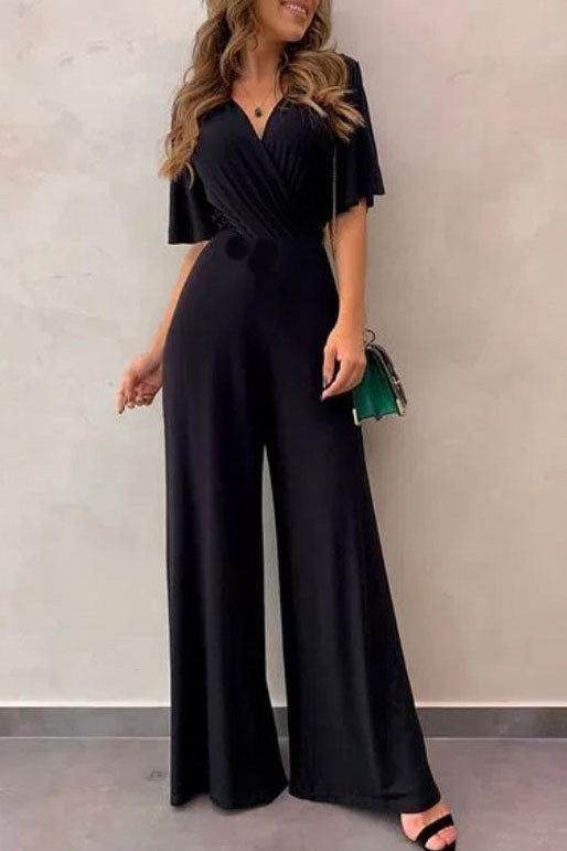 Black Short Sleeves V-Neck Jumpsuit for Women