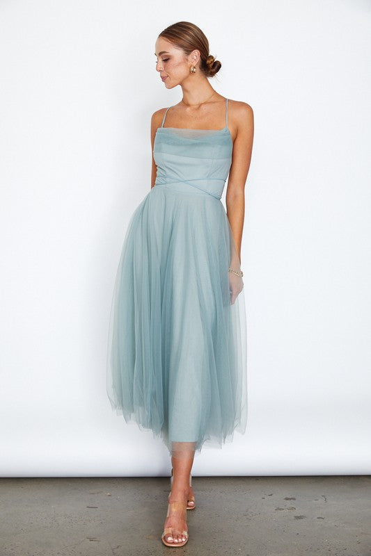 Tulle Ballerina Midi Dress with Cowl Front and Lace-Up Back