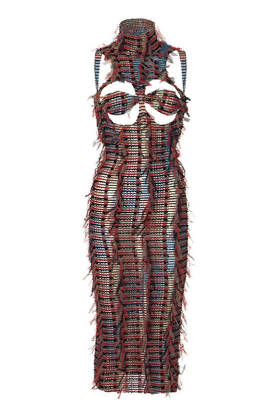 Sexy Ruffle Fringe Sheer Mesh Split Cutout Backless Club Midi