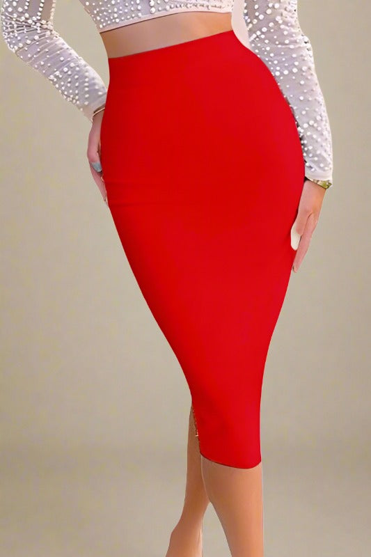 Pencil Lipstick Red High Waist Bandage Midi Skirt