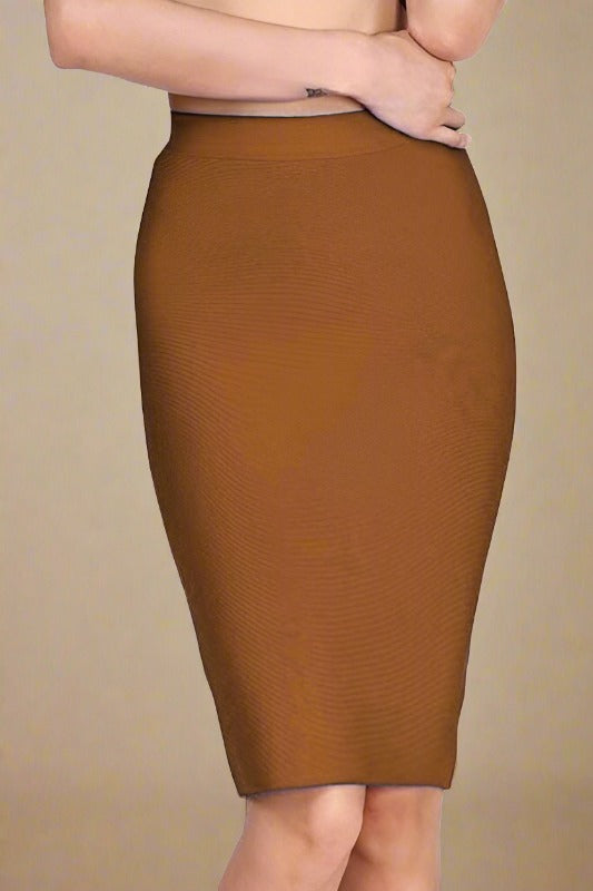 Pencil Tan Brown High Waist Bandage Knee Length Skirt