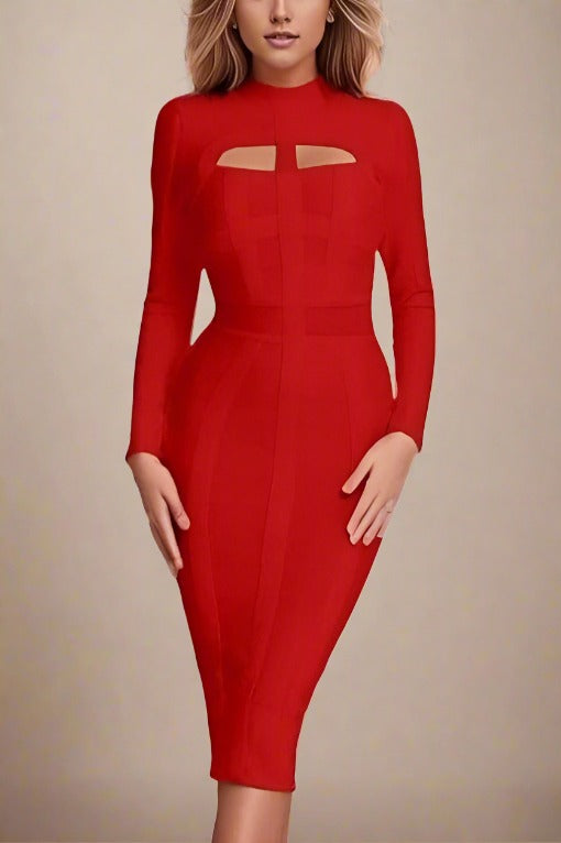 Brooke Long Sleeve Bandage Dress in Lipstick Red for a Bold and Eye-Catching Style