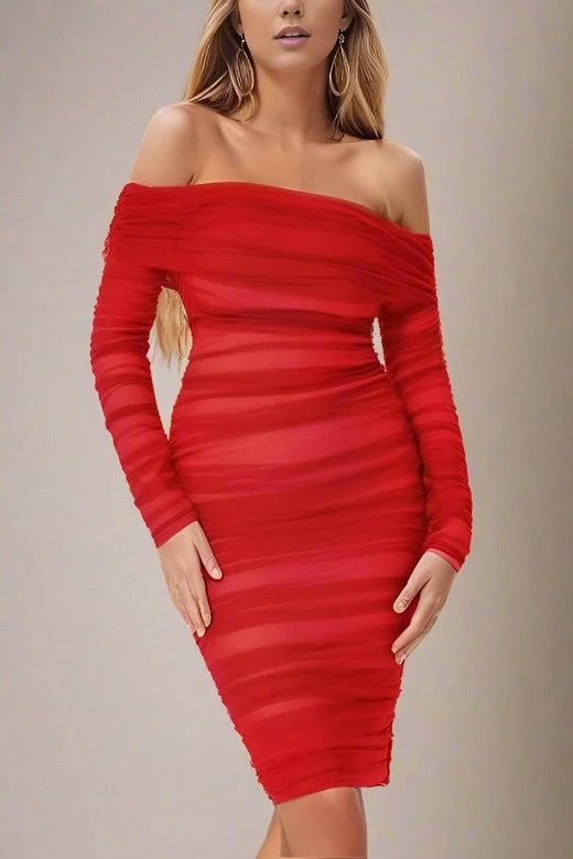 Lila Bodycon Wrap Long Sleeve Dress in Lipstick Red for a Vibrant and Glamorous Look