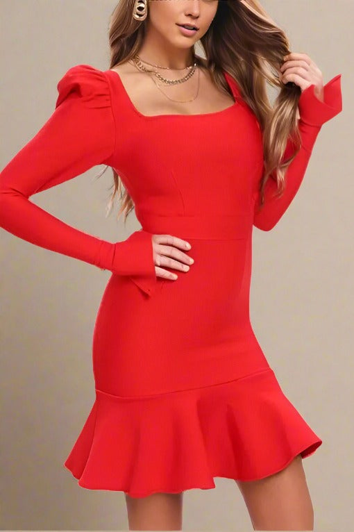 Sara Bodycon Long Sleeve Mini Dress in Lipstick Red for a Bold and Glamorous Style