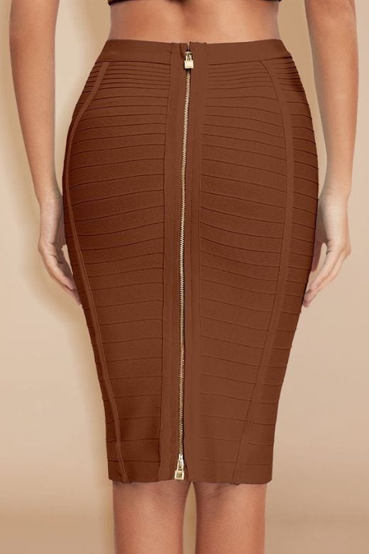 Pencil High Waist Bandage Knee Length Knitted Skirt in Tan Brown for a Warm and Neutral Tone