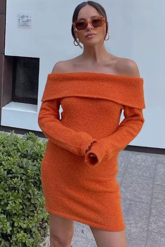 Cozy Burnt Orange Foldover Off Shoulder Winter Sweater Mini Dress