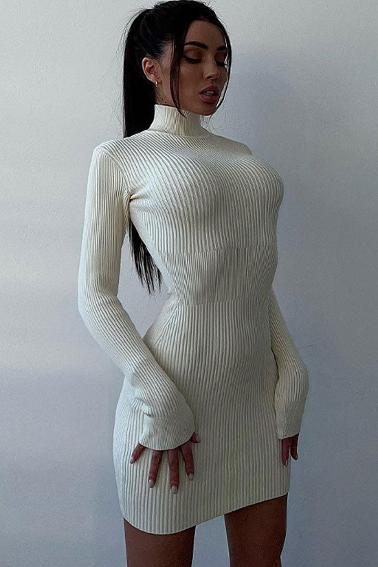 Chic High Neck White Long Sleeve Bodycon Rib Knit Sweater Mini Dress