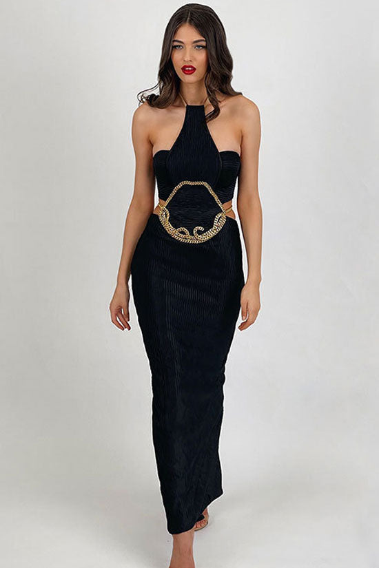 Classy Black Halter Sleeveless Chained Cutout Ribbed Bandage Cocktail Midi Dress