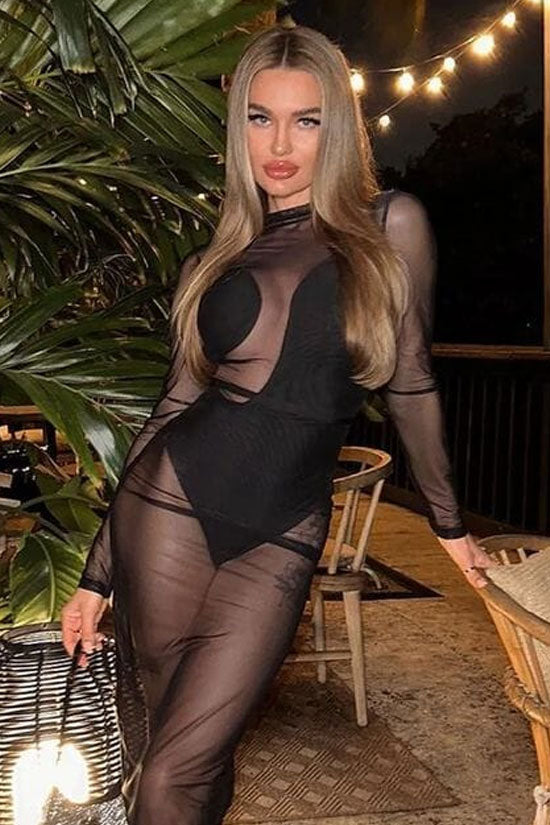 Black Sexy Crew Neck Long Sleeve Bandage Knit Sheer Mesh Club Maxi Dress